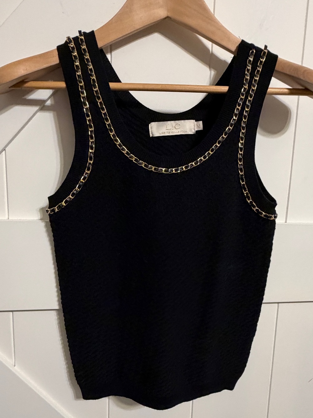Lizette Collection Women’s Medium Black Knit Tank Gold Chain Trim Sleeveless Top